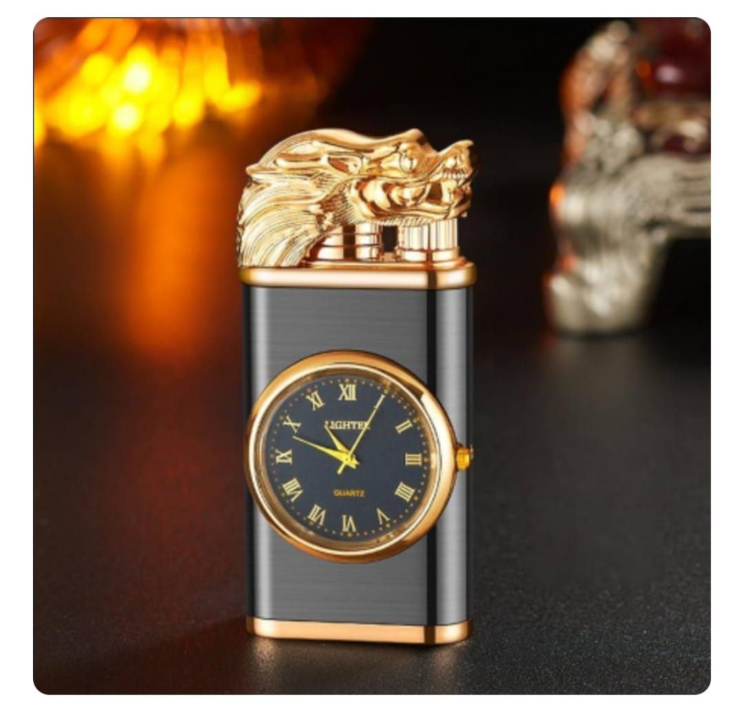 Luxury Dragon Head Windproof Lighter with Quartz Clock – Premium Metal Design