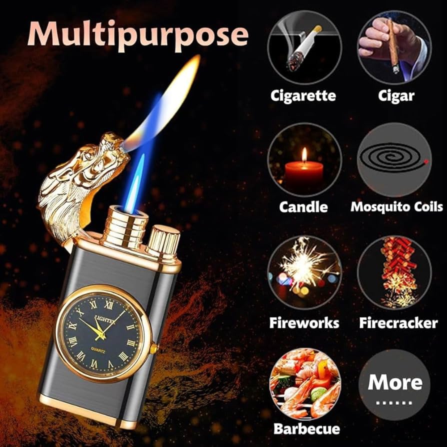 Luxury Dragon Head Windproof Lighter with Quartz Clock – Premium Metal Design
