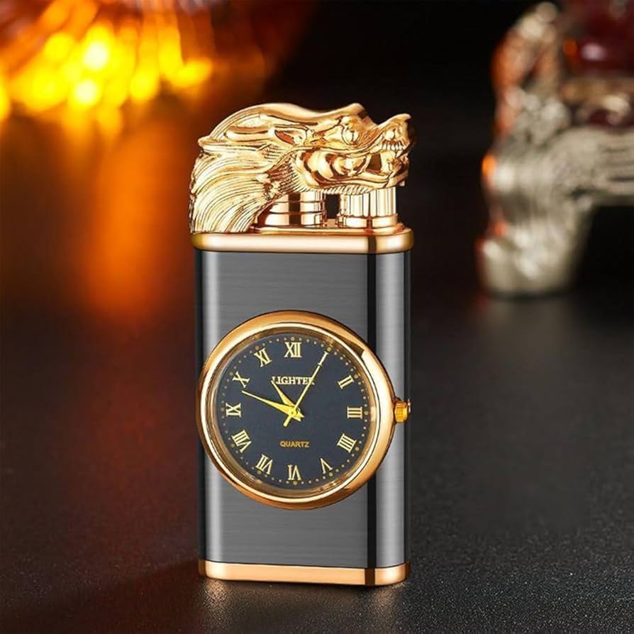 Luxury Dragon Head Windproof Lighter with Quartz Clock – Premium Metal Design